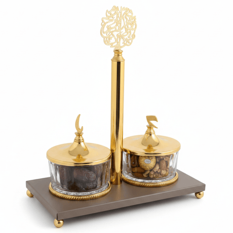 Luxury Majlis 2 - Section Glass Candy Serving Bowl with Brown Metal Stand & Premium Gold Lid – Elegant Dry Fruit and Chocolate Server 25×13 cm - Al Kabayel Discount CentreLuxury Majlis 2 - Section Glass Candy Serving Bowl with Brown Metal Stand & Premium Gold Lid – Elegant Dry Fruit and Chocolate Server 25×13 cmJars & Food SaversAKDCAl Kabayel Discount Centre