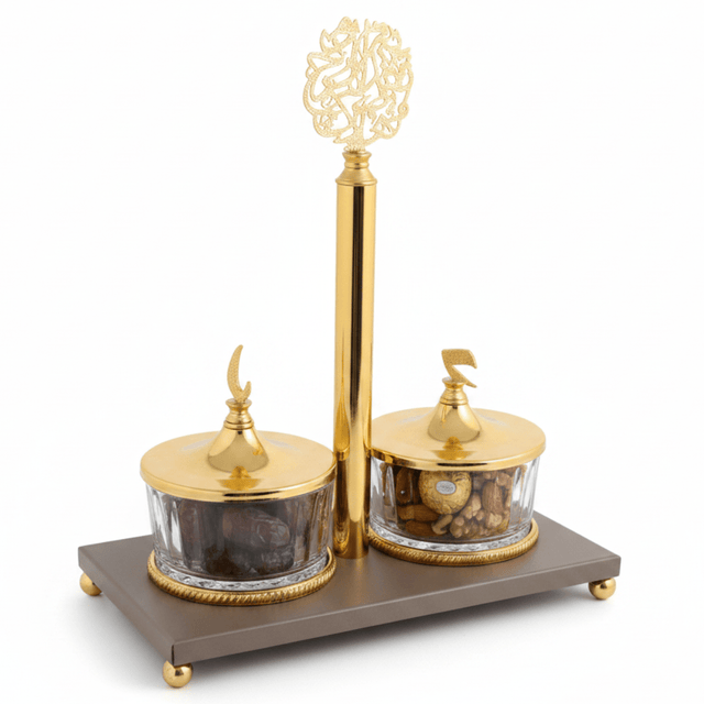 Luxury Majlis 2 - Section Glass Candy Serving Bowl with Brown Metal Stand & Premium Gold Lid – Elegant Dry Fruit and Chocolate Server 25×13 cm - Al Kabayel Discount CentreLuxury Majlis 2 - Section Glass Candy Serving Bowl with Brown Metal Stand & Premium Gold Lid – Elegant Dry Fruit and Chocolate Server 25×13 cmJars & Food SaversAKDCAl Kabayel Discount Centre
