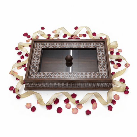 Luxury Rectangle Wooden Candy Box with Acrylic Mirrored Lid | Islamic Geometric Pattern | 32×22 cm - Al Kabayel Discount CentreLuxury Rectangle Wooden Candy Box with Acrylic Mirrored Lid | Islamic Geometric Pattern | 32×22 cmJars & Food SaversAKDCAl Kabayel Discount Centre