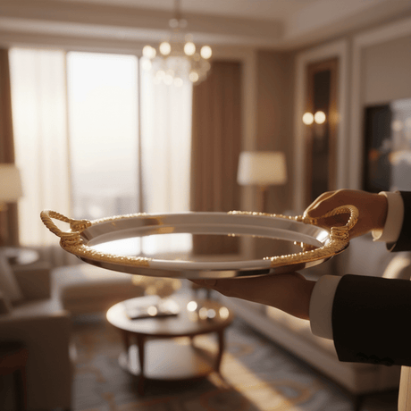 Luxury Round Silver Serving Tray with Gold Rope Handles — 30cm | Premium Arabic Hospitality Tableware - Al Kabayel Discount CentreLuxury Round Silver Serving Tray with Gold Rope Handles — 30cm | Premium Arabic Hospitality TablewareServing TraysAKDCAl Kabayel Discount Centre