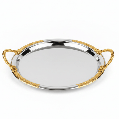 Luxury Round Silver Serving Tray with Gold Rope Handles — 30cm | Premium Arabic Hospitality Tableware - Al Kabayel Discount CentreLuxury Round Silver Serving Tray with Gold Rope Handles — 30cm | Premium Arabic Hospitality TablewareServing TraysAKDCAl Kabayel Discount Centre