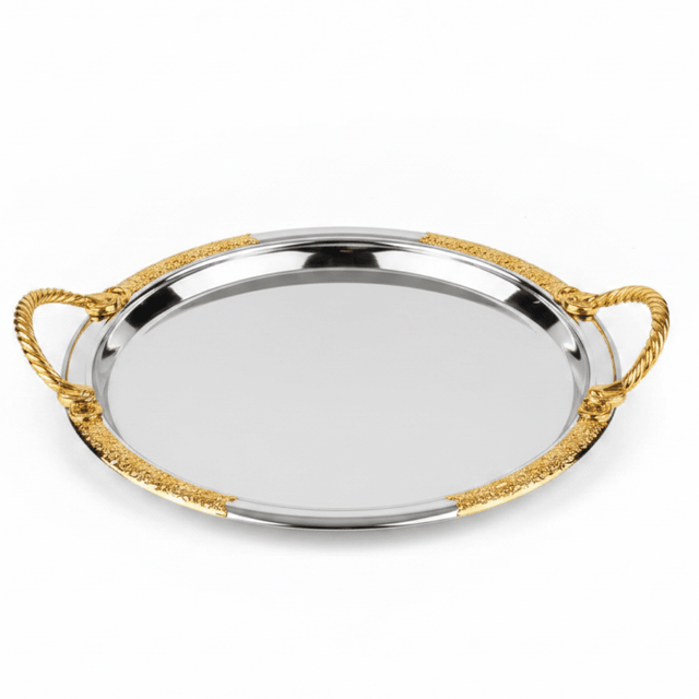 Luxury Round Silver Serving Tray with Gold Rope Handles — 30cm | Premium Arabic Hospitality Tableware - Al Kabayel Discount CentreLuxury Round Silver Serving Tray with Gold Rope Handles — 30cm | Premium Arabic Hospitality TablewareServing TraysAKDCAl Kabayel Discount Centre