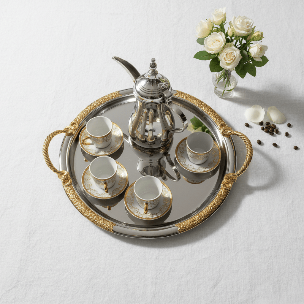 Luxury Round Silver Serving Tray with Gold Rope Handles — 30cm | Premium Arabic Hospitality Tableware - Al Kabayel Discount CentreLuxury Round Silver Serving Tray with Gold Rope Handles — 30cm | Premium Arabic Hospitality TablewareServing TraysAKDCAl Kabayel Discount Centre