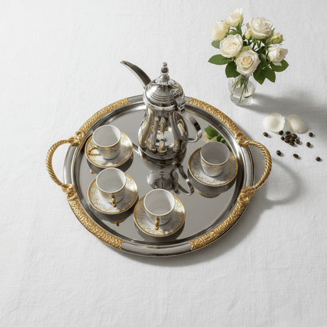 Luxury Round Silver Serving Tray with Gold Rope Handles — 30cm | Premium Arabic Hospitality Tableware - Al Kabayel Discount CentreLuxury Round Silver Serving Tray with Gold Rope Handles — 30cm | Premium Arabic Hospitality TablewareServing TraysAKDCAl Kabayel Discount Centre