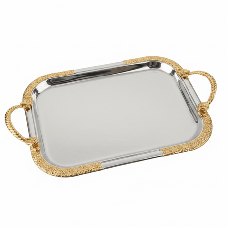 Luxury Silver & Gold Rectangle Serving Tray with Golden Rope Handles — 32×15cm - Al Kabayel Discount CentreLuxury Silver & Gold Rectangle Serving Tray with Golden Rope Handles — 32×15cmServing TraysAKDCAl Kabayel Discount Centre