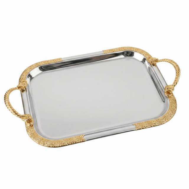 Luxury Silver & Gold Rectangle Serving Tray with Golden Rope Handles — 32×15cm - Al Kabayel Discount CentreLuxury Silver & Gold Rectangle Serving Tray with Golden Rope Handles — 32×15cmServing TraysAKDCAl Kabayel Discount Centre