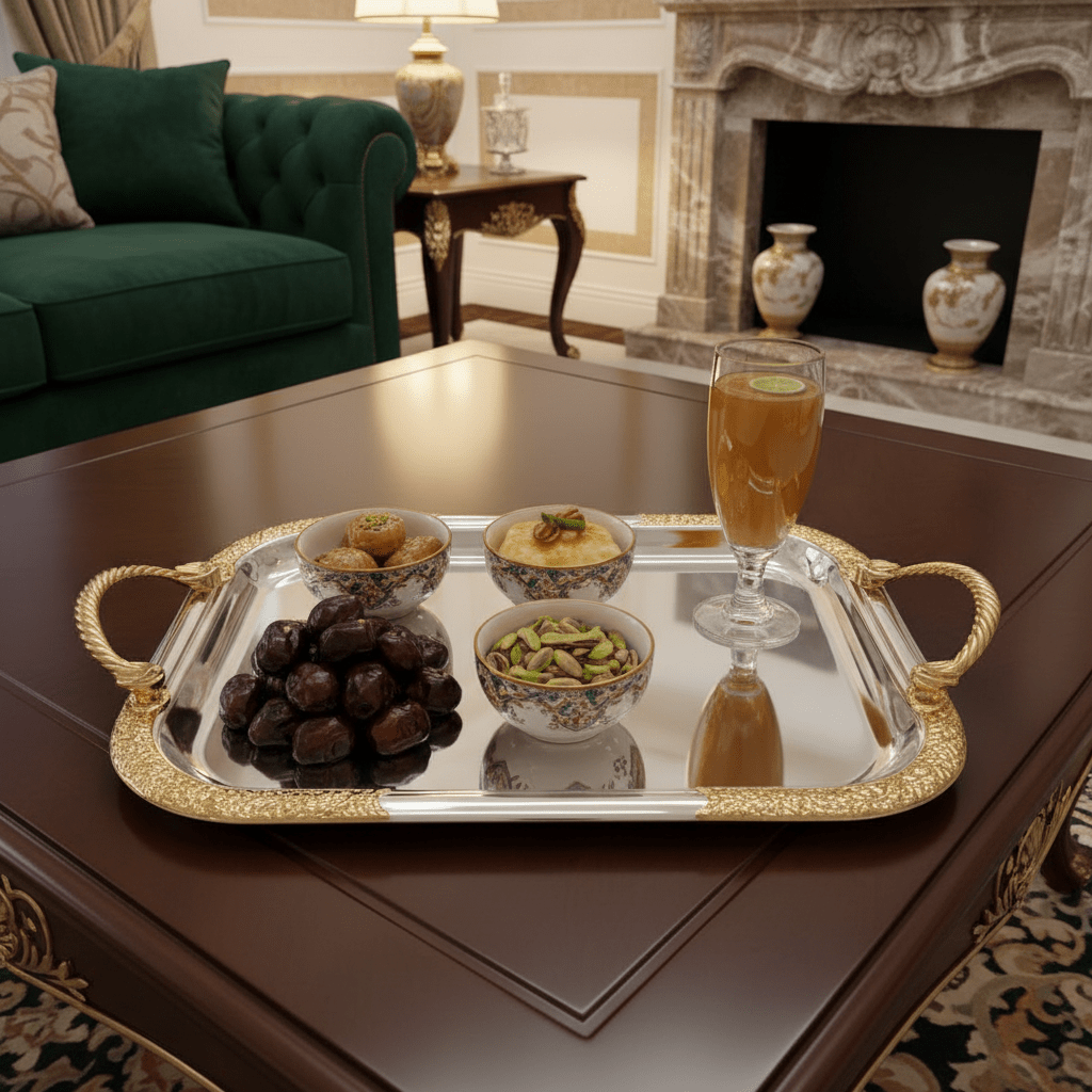 Luxury Silver & Gold Rectangle Serving Tray with Golden Rope Handles — 32×15cm - Al Kabayel Discount CentreLuxury Silver & Gold Rectangle Serving Tray with Golden Rope Handles — 32×15cmServing TraysAKDCAl Kabayel Discount Centre