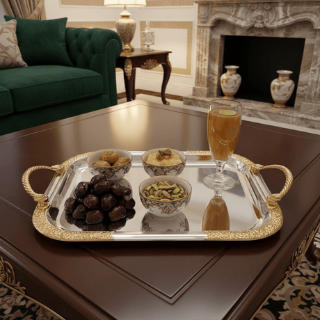 Luxury Silver & Gold Rectangle Serving Tray with Golden Rope Handles — 32×15cm - Al Kabayel Discount CentreLuxury Silver & Gold Rectangle Serving Tray with Golden Rope Handles — 32×15cmServing TraysAKDCAl Kabayel Discount Centre