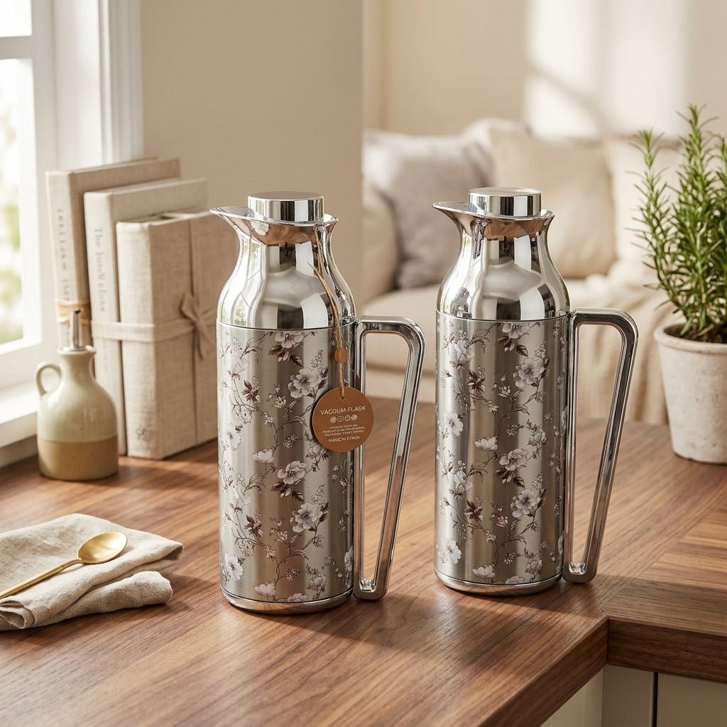 Mahra Floral Stainless Steel Vacuum Flask Set 1L + 1L – Silver Blossom – 2-Piece Thermos Set - Al Kabayel Discount CentreMahra Floral Stainless Steel Vacuum Flask Set 1L + 1L – Silver Blossom – 2-Piece Thermos SetThermosMAHRAAl Kabayel Discount Centre