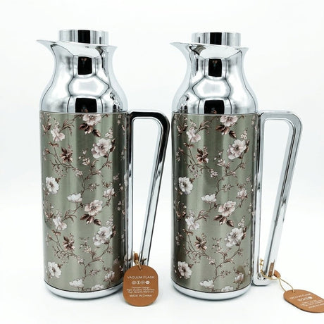 Mahra Floral Stainless Steel Vacuum Flask Set 1L + 1L – Silver Blossom – 2-Piece Thermos Set - Al Kabayel Discount CentreMahra Floral Stainless Steel Vacuum Flask Set 1L + 1L – Silver Blossom – 2-Piece Thermos SetThermosMAHRAAl Kabayel Discount Centre