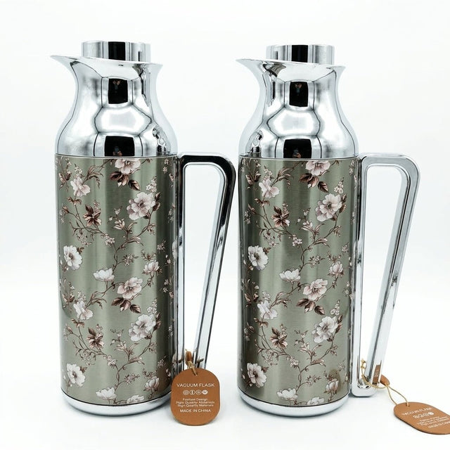 Mahra Floral Stainless Steel Vacuum Flask Set 1L + 1L – Silver Blossom – 2-Piece Thermos Set - Al Kabayel Discount CentreMahra Floral Stainless Steel Vacuum Flask Set 1L + 1L – Silver Blossom – 2-Piece Thermos SetThermosMAHRAAl Kabayel Discount Centre