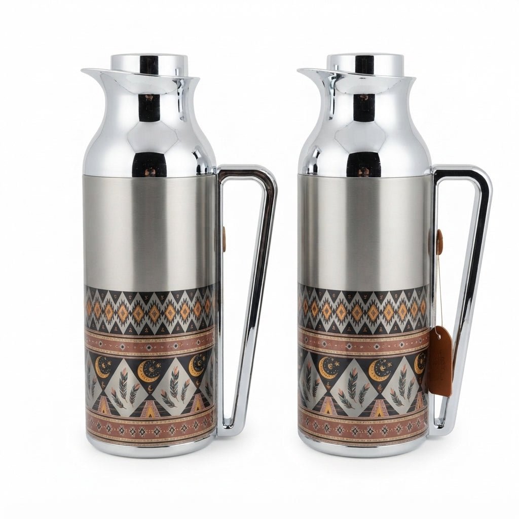 Mahra Stainless Steel Vacuum Flask Set of 2 – 1 Litre – Arabic Heritage Design - Al Kabayel Discount CentreMahra Stainless Steel Vacuum Flask Set of 2 – 1 Litre – Arabic Heritage DesignThermosMAHRAAl Kabayel Discount Centre