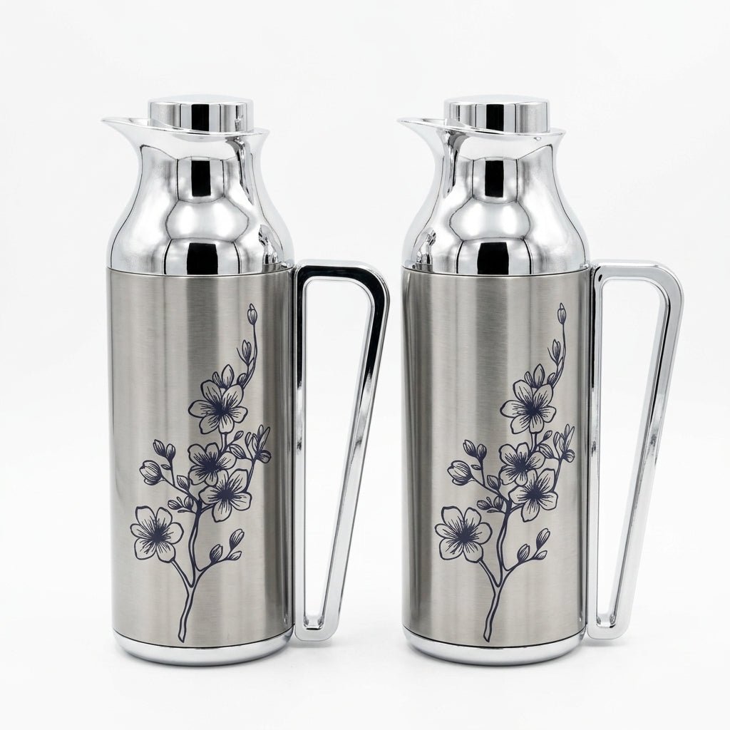 Mahra Stainless Steel Vacuum Flask Set of 2 – 1L + 1L – Floral Engraved Thermal Carafe - Al Kabayel Discount CentreMahra Stainless Steel Vacuum Flask Set of 2 – 1L + 1L – Floral Engraved Thermal CarafeThermosMAHRAAl Kabayel Discount Centre