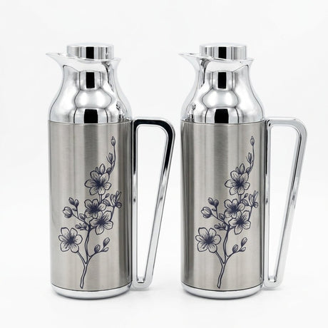 Mahra Stainless Steel Vacuum Flask Set of 2 – 1L + 1L – Floral Engraved Thermal Carafe - Al Kabayel Discount CentreMahra Stainless Steel Vacuum Flask Set of 2 – 1L + 1L – Floral Engraved Thermal CarafeThermosMAHRAAl Kabayel Discount Centre