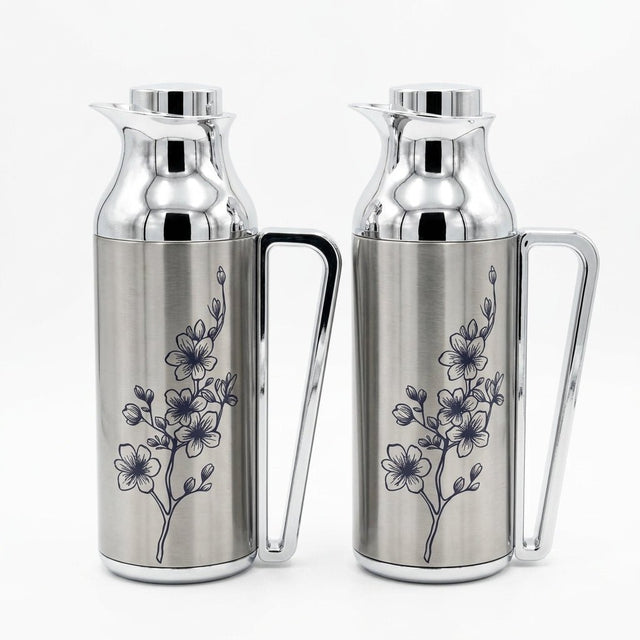 Mahra Stainless Steel Vacuum Flask Set of 2 – 1L + 1L – Floral Engraved Thermal Carafe - Al Kabayel Discount CentreMahra Stainless Steel Vacuum Flask Set of 2 – 1L + 1L – Floral Engraved Thermal CarafeThermosMAHRAAl Kabayel Discount Centre