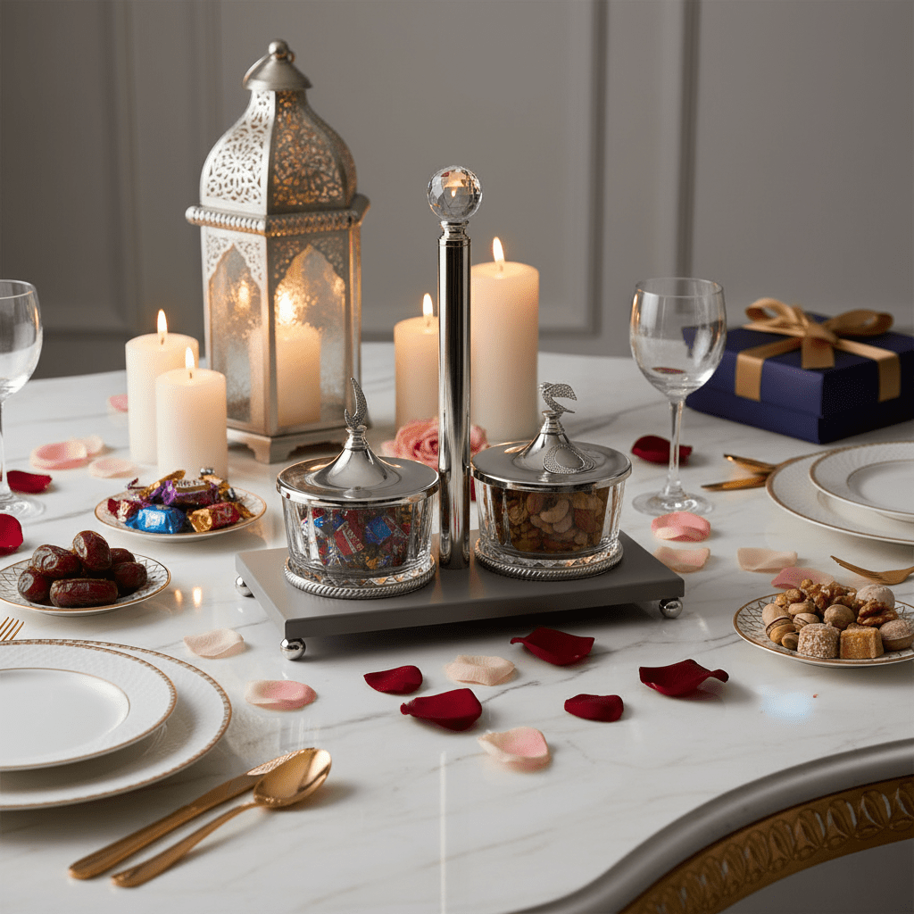 Majlis Style 2 - Section Glass Candy Bowl with Grey Metal Stand & Elegant Silver Lid – Decorative Serving Dish for Sweets Chocolates and Nuts 25×13 cm - Al Kabayel Discount CentreMajlis Style 2 - Section Glass Candy Bowl with Grey Metal Stand & Elegant Silver Lid – Decorative Serving Dish for Sweets Chocolates and Nuts 25×13 cmJars & Food SaversAKDCAl Kabayel Discount Centre