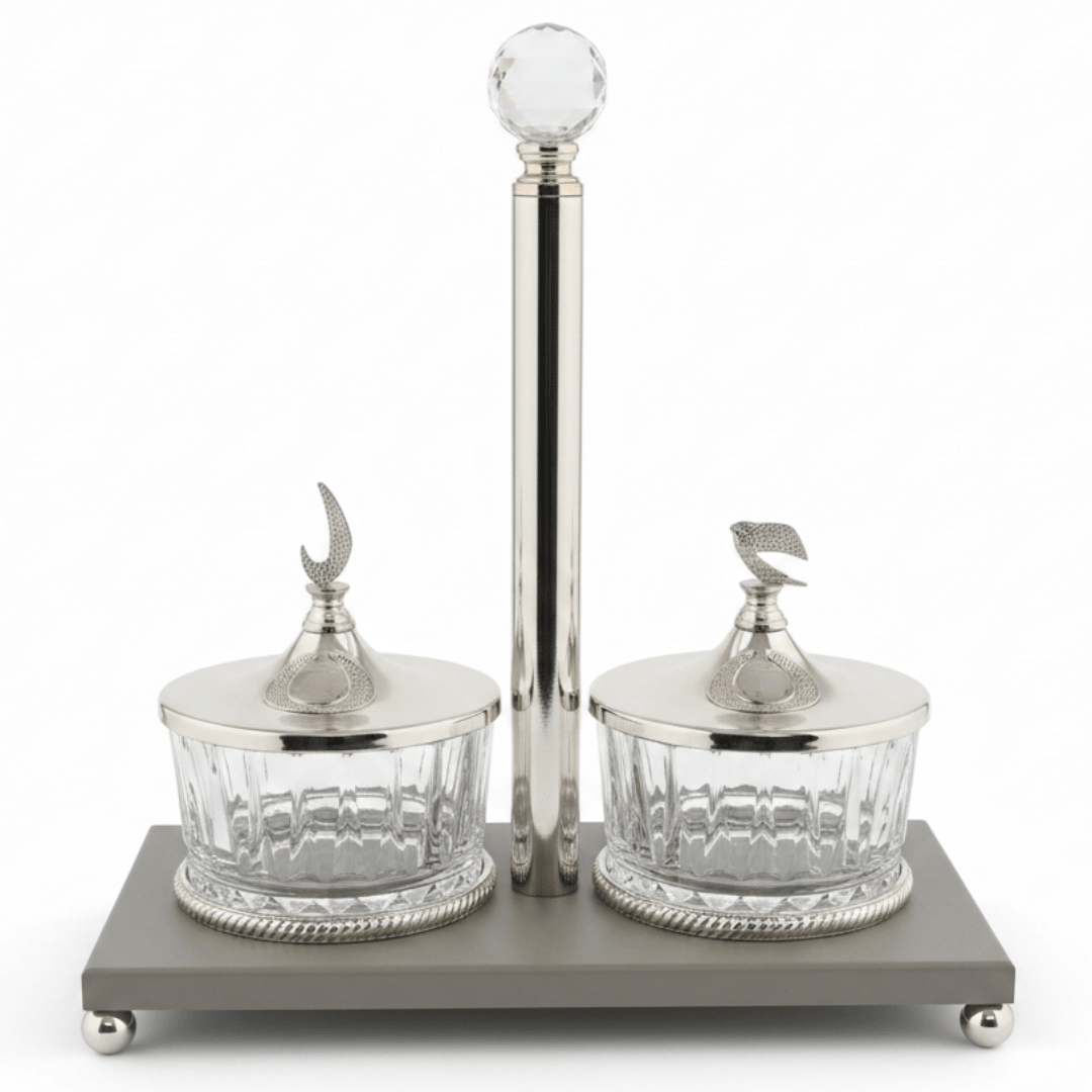Majlis Style 2 - Section Glass Candy Bowl with Grey Metal Stand & Elegant Silver Lid – Decorative Serving Dish for Sweets Chocolates and Nuts 25×13 cm - Al Kabayel Discount CentreMajlis Style 2 - Section Glass Candy Bowl with Grey Metal Stand & Elegant Silver Lid – Decorative Serving Dish for Sweets Chocolates and Nuts 25×13 cmJars & Food SaversAKDCAl Kabayel Discount Centre