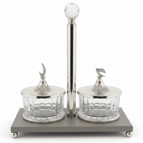 Majlis Style 2 - Section Glass Candy Bowl with Grey Metal Stand & Elegant Silver Lid – Decorative Serving Dish for Sweets Chocolates and Nuts 25×13 cm - Al Kabayel Discount CentreMajlis Style 2 - Section Glass Candy Bowl with Grey Metal Stand & Elegant Silver Lid – Decorative Serving Dish for Sweets Chocolates and Nuts 25×13 cmJars & Food SaversAKDCAl Kabayel Discount Centre