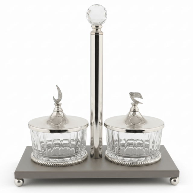 Majlis Style 2 - Section Glass Candy Bowl with Grey Metal Stand & Elegant Silver Lid – Decorative Serving Dish for Sweets Chocolates and Nuts 25×13 cm - Al Kabayel Discount CentreMajlis Style 2 - Section Glass Candy Bowl with Grey Metal Stand & Elegant Silver Lid – Decorative Serving Dish for Sweets Chocolates and Nuts 25×13 cmJars & Food SaversAKDCAl Kabayel Discount Centre