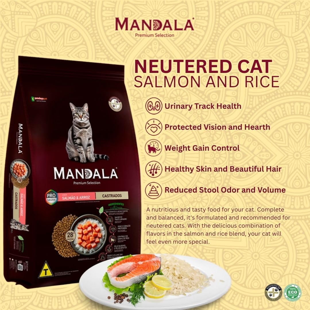 Mandala Premium Selection Dry Cat Food, Salmon & Rice Recipe, Sterilized Adult Cats, 1kg - Al Kabayel Discount CentreMandala Premium Selection Dry Cat Food, Salmon & Rice Recipe, Sterilized Adult Cats, 1kgPet SuppliesMANDALAAl Kabayel Discount Centre