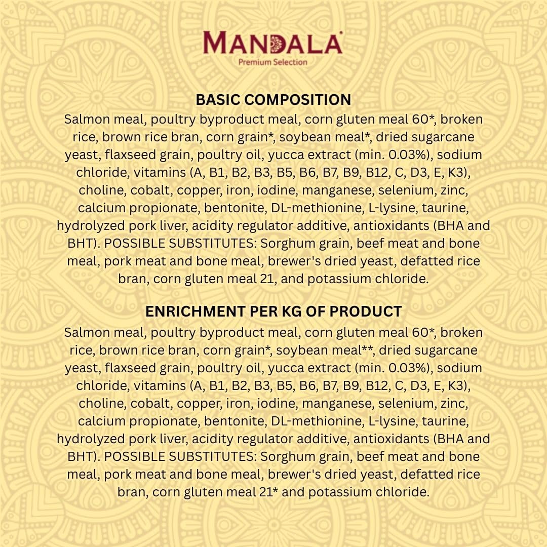 Mandala Premium Selection Dry Cat Food, Salmon & Rice Recipe, Sterilized Adult Cats, 1kg - Al Kabayel Discount CentreMandala Premium Selection Dry Cat Food, Salmon & Rice Recipe, Sterilized Adult Cats, 1kgPet SuppliesMANDALAAl Kabayel Discount Centre