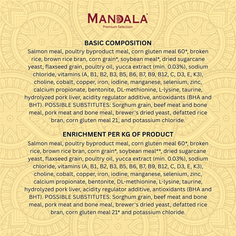 Mandala Premium Selection Dry Cat Food, Salmon & Rice Recipe, Sterilized Adult Cats, 1kg - Al Kabayel Discount CentreMandala Premium Selection Dry Cat Food, Salmon & Rice Recipe, Sterilized Adult Cats, 1kgPet SuppliesMANDALAAl Kabayel Discount Centre