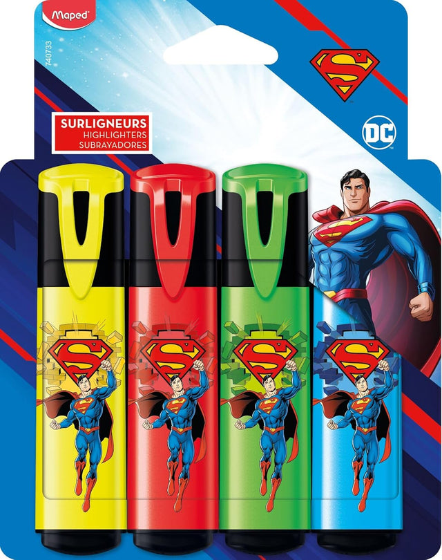 Maped - 4 Superman Highlighters in Bright Colours - Chisel Tip - Long Lasting Highlighters for School and Professional Use - Yellow + Red + Green + Blue - Al Kabayel Discount CentreMaped - 4 Superman Highlighters in Bright Colours - Chisel Tip - Long Lasting Highlighters for School and Professional Use - Yellow + Red + Green + BluePens, Pencils & MarkersMAPEDAl Kabayel Discount Centre