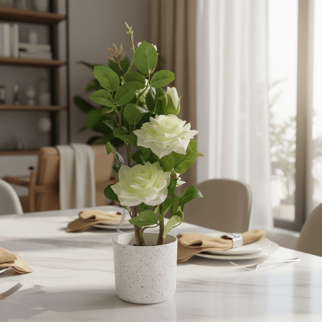 Marcolo Artificial White Rose Bonsai Plant with Speckled Plastic Pot - 40cm - Al Kabayel Discount CentreMarcolo Artificial White Rose Bonsai Plant with Speckled Plastic Pot - 40cmArtificial FloraMARCOLAAl Kabayel Discount Centre