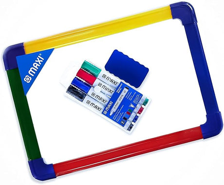MAXI 2 Sided Whiteboard A4 + 4Pc Colour Markers + 1Pc Dry Wipe Eraser - Al Kabayel Discount CentreMAXI 2 Sided Whiteboard A4 + 4Pc Colour Markers + 1Pc Dry Wipe EraserNotebooks & Writing PadsMAXIAl Kabayel Discount Centre