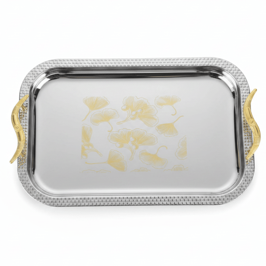 Maximan Luxury Silver & Gold Stainless Steel Serving Tray with Gold Bird Handles | 40×29 cm - Al Kabayel Discount CentreMaximan Luxury Silver & Gold Stainless Steel Serving Tray with Gold Bird Handles | 40×29 cmServing TraysMAXIMANAl Kabayel Discount Centre