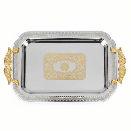 Maximan Luxury Silver & Gold Stainless Steel Serving Tray with Handles | 35.5 × 25 cm - Al Kabayel Discount CentreMaximan Luxury Silver & Gold Stainless Steel Serving Tray with Handles | 35.5 × 25 cmServing TraysMAXIMANAl Kabayel Discount Centre