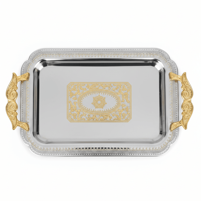 Maximan Luxury Silver & Gold Stainless Steel Serving Tray with Handles | 35.5 × 25 cm - Al Kabayel Discount CentreMaximan Luxury Silver & Gold Stainless Steel Serving Tray with Handles | 35.5 × 25 cmServing TraysMAXIMANAl Kabayel Discount Centre