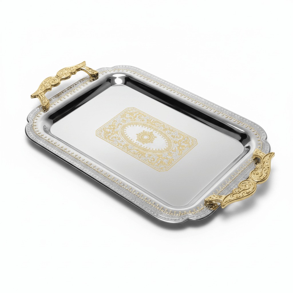 Maximan Luxury Silver & Gold Stainless Steel Serving Tray with Handles | 35.5 × 25 cm - Al Kabayel Discount CentreMaximan Luxury Silver & Gold Stainless Steel Serving Tray with Handles | 35.5 × 25 cmServing TraysMAXIMANAl Kabayel Discount Centre