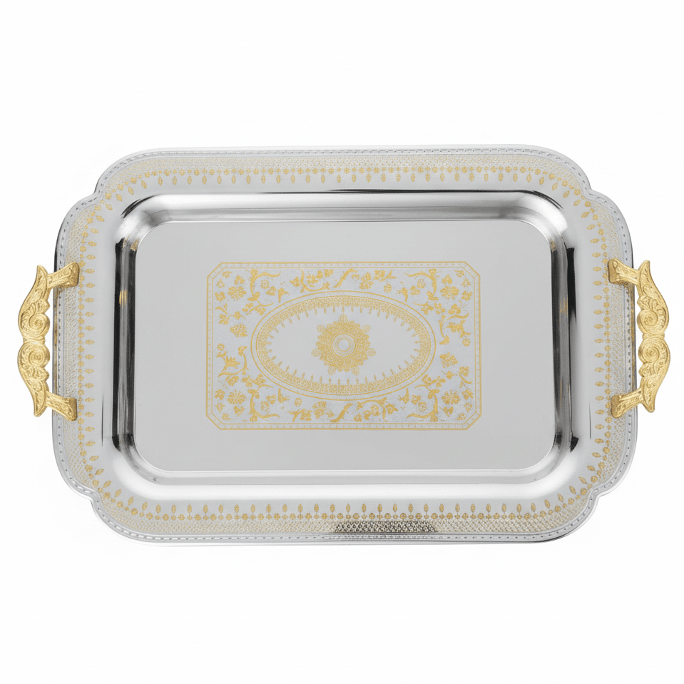 Maximan Luxury Silver & Gold Stainless Steel Serving Tray with Handles — 49×34 cm - Al Kabayel Discount CentreMaximan Luxury Silver & Gold Stainless Steel Serving Tray with Handles — 49×34 cmServing TraysMAXIMANAl Kabayel Discount Centre