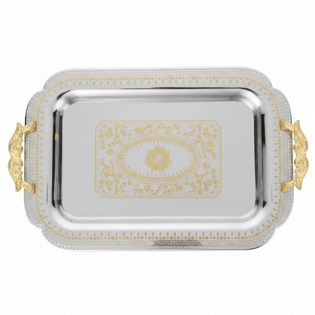 Maximan Luxury Silver & Gold Stainless Steel Serving Tray with Handles — 49×34 cm - Al Kabayel Discount CentreMaximan Luxury Silver & Gold Stainless Steel Serving Tray with Handles — 49×34 cmServing TraysMAXIMANAl Kabayel Discount Centre
