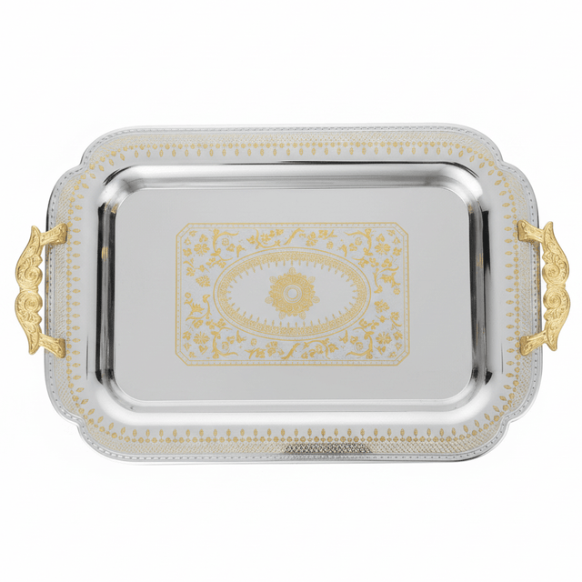 Maximan Luxury Silver & Gold Stainless Steel Serving Tray with Handles — 49×34 cm - Al Kabayel Discount CentreMaximan Luxury Silver & Gold Stainless Steel Serving Tray with Handles — 49×34 cmServing TraysMAXIMANAl Kabayel Discount Centre