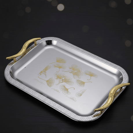 Maximan Luxury Silver & Gold Stainless Steel Serving Tray with Ornate Handles | 33.5 × 23.5 cm - Al Kabayel Discount CentreMaximan Luxury Silver & Gold Stainless Steel Serving Tray with Ornate Handles | 33.5 × 23.5 cmServing TraysMAXIMANAl Kabayel Discount Centre
