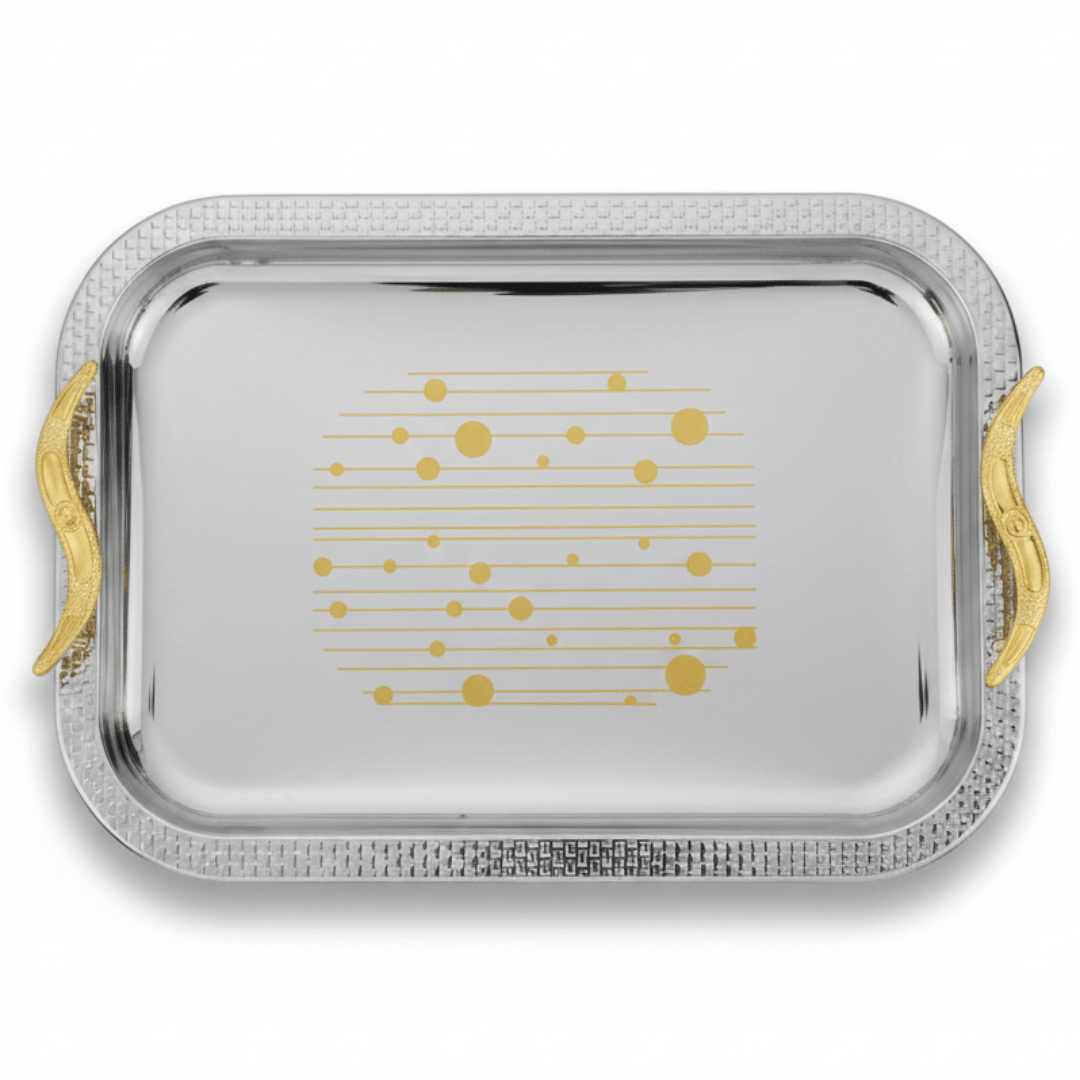 Maximan Luxury Silver & Gold Stainless Steel Serving Tray with Swan Handles | 40×29cm - Al Kabayel Discount CentreMaximan Luxury Silver & Gold Stainless Steel Serving Tray with Swan Handles | 40×29cmServing TraysMAXIMANAl Kabayel Discount Centre