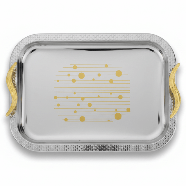 Maximan Luxury Silver & Gold Stainless Steel Serving Tray with Swan Handles | 40×29cm - Al Kabayel Discount CentreMaximan Luxury Silver & Gold Stainless Steel Serving Tray with Swan Handles | 40×29cmServing TraysMAXIMANAl Kabayel Discount Centre