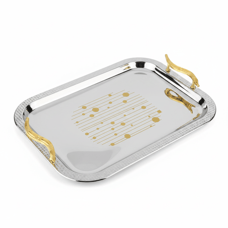 Maximan Luxury Silver & Gold Stainless Steel Serving Tray with Swan Handles | 40×29cm - Al Kabayel Discount CentreMaximan Luxury Silver & Gold Stainless Steel Serving Tray with Swan Handles | 40×29cmServing TraysMAXIMANAl Kabayel Discount Centre