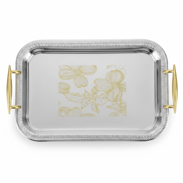 Maximan Premium Silver & Gold Stainless Steel Serving Tray with Handles — 40×29 cm - Al Kabayel Discount CentreMaximan Premium Silver & Gold Stainless Steel Serving Tray with Handles — 40×29 cmServing TraysMAXIMANAl Kabayel Discount Centre