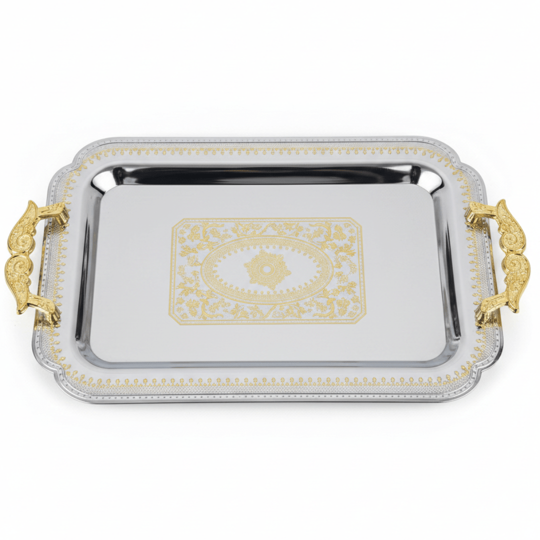 Maximan Silver & Gold Stainless Steel Serving Tray with Handles | 43.5 × 30 cm | - Al Kabayel Discount CentreMaximan Silver & Gold Stainless Steel Serving Tray with Handles | 43.5 × 30 cm |Serving TraysMAXIMANAl Kabayel Discount Centre