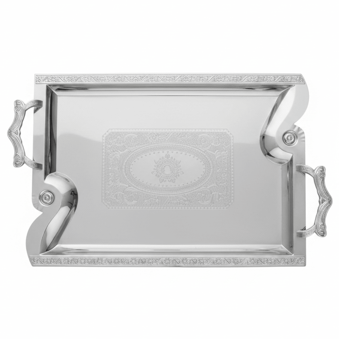 Maximan Silver Stainless Steel Serving Tray | 48 × 34.5 cm | Premium Engraved Design with Handles - Al Kabayel Discount CentreMaximan Silver Stainless Steel Serving Tray | 48 × 34.5 cm | Premium Engraved Design with HandlesServing TraysMAXIMANAl Kabayel Discount Centre