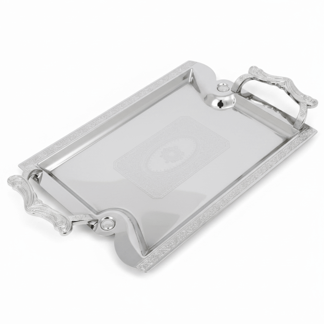 Maximan Silver Stainless Steel Serving Tray with Handles | 33.5 × 23.5 cm | Ornate Engraved Design - Al Kabayel Discount CentreMaximan Silver Stainless Steel Serving Tray with Handles | 33.5 × 23.5 cm | Ornate Engraved DesignServing TraysMAXIMANAl Kabayel Discount Centre