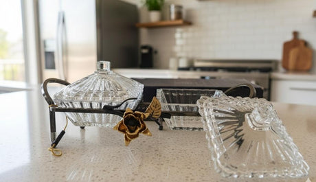 MAY FLOWER 2 - Tier Crystal Candy Pot with Black and Gold Metal Holder – Decorative Serving Dish for Sweets, Snacks, or Dry Fruits – Elegant Home Display 32x10 cm - Al Kabayel Discount CentreMAY FLOWER 2 - Tier Crystal Candy Pot with Black and Gold Metal Holder – Decorative Serving Dish for Sweets, Snacks, or Dry Fruits – Elegant Home Display 32x10 cmJars & Food SaversMAY FLOWERAl Kabayel Discount Centre