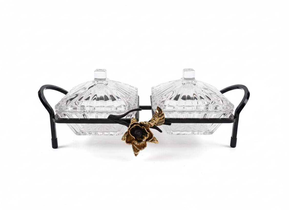 MAY FLOWER 2 - Tier Crystal Candy Pot with Black and Gold Metal Holder – Decorative Serving Dish for Sweets, Snacks, or Dry Fruits – Elegant Home Display 32x10 cm - Al Kabayel Discount CentreMAY FLOWER 2 - Tier Crystal Candy Pot with Black and Gold Metal Holder – Decorative Serving Dish for Sweets, Snacks, or Dry Fruits – Elegant Home Display 32x10 cmJars & Food SaversMAY FLOWERAl Kabayel Discount Centre