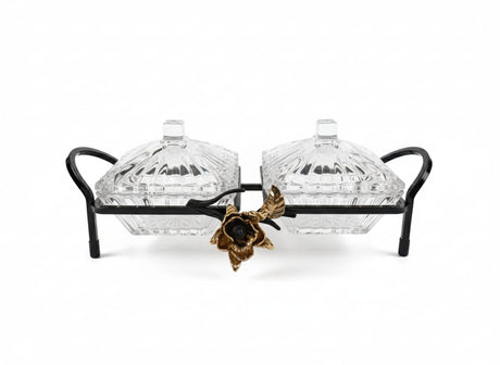 MAY FLOWER 2 - Tier Crystal Candy Pot with Black and Gold Metal Holder – Decorative Serving Dish for Sweets, Snacks, or Dry Fruits – Elegant Home Display 32x10 cm - Al Kabayel Discount CentreMAY FLOWER 2 - Tier Crystal Candy Pot with Black and Gold Metal Holder – Decorative Serving Dish for Sweets, Snacks, or Dry Fruits – Elegant Home Display 32x10 cmJars & Food SaversMAY FLOWERAl Kabayel Discount Centre