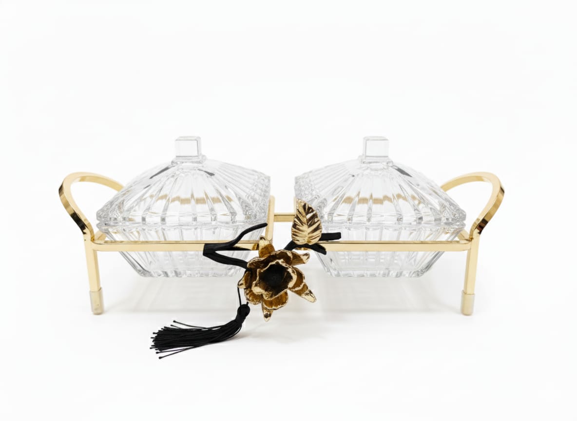 MAY FLOWER 2 - Tier Crystal Candy Pot with Gold Metal Holder – Stylish Dessert & Snack Display Stand for Parties, Weddings, or Home Serving 32x10 cm - Al Kabayel Discount CentreMAY FLOWER 2 - Tier Crystal Candy Pot with Gold Metal Holder – Stylish Dessert & Snack Display Stand for Parties, Weddings, or Home Serving 32x10 cmJars & Food SaversMAY FLOWERAl Kabayel Discount Centre