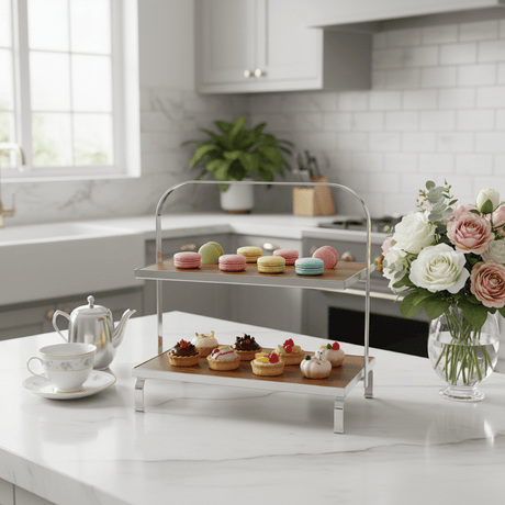 May Flower 2 - Tier Rectangle Wooden Cake Stand | Silver Stainless Steel Frame | 26×15cm - Al Kabayel Discount CentreMay Flower 2 - Tier Rectangle Wooden Cake Stand | Silver Stainless Steel Frame | 26×15cmServing TraysMAY FLOWERAl Kabayel Discount Centre