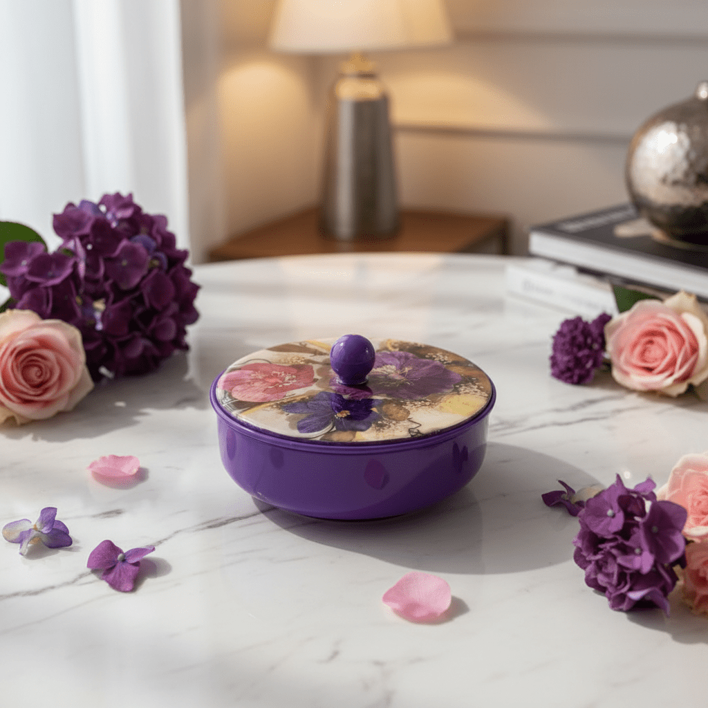 May Flower Decorative Round Purple Candy Box with Elegant Lid for Home & Event Use – 15cm - Al Kabayel Discount CentreMay Flower Decorative Round Purple Candy Box with Elegant Lid for Home & Event Use – 15cmJars & Food SaversMAY FLOWERAl Kabayel Discount Centre